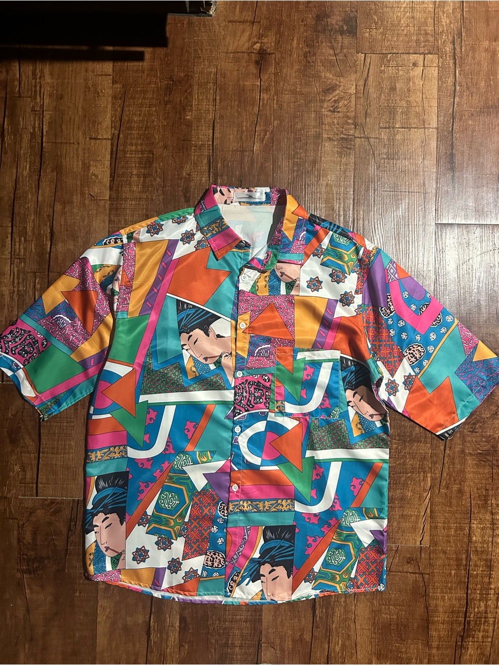 Men's Multicolor Geometric & Portrait Print Short-Sleeve Shirt